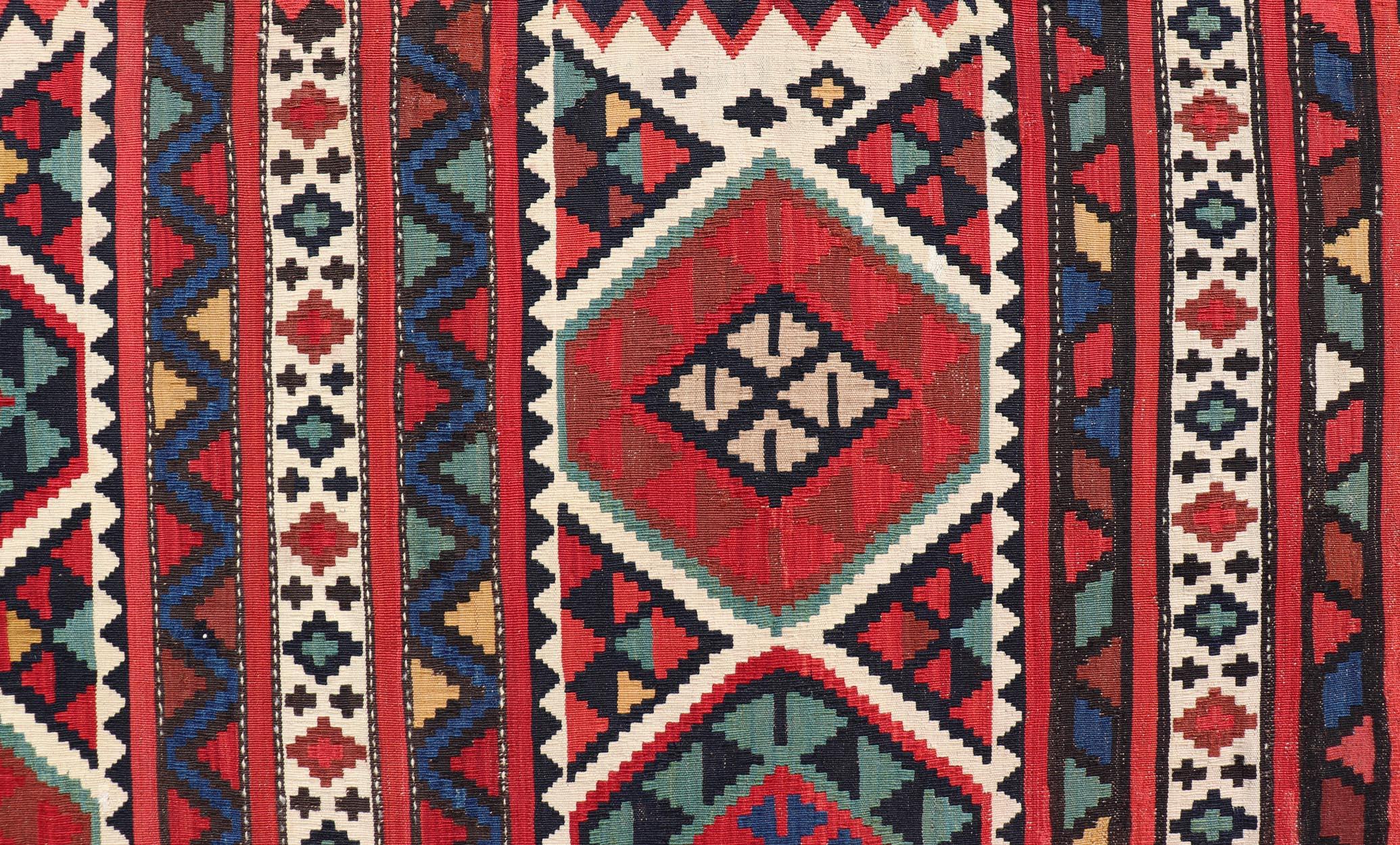 19th Century Antique Shirvan Kilim with Intricate Design in with Vibrant Colors For Sale 1