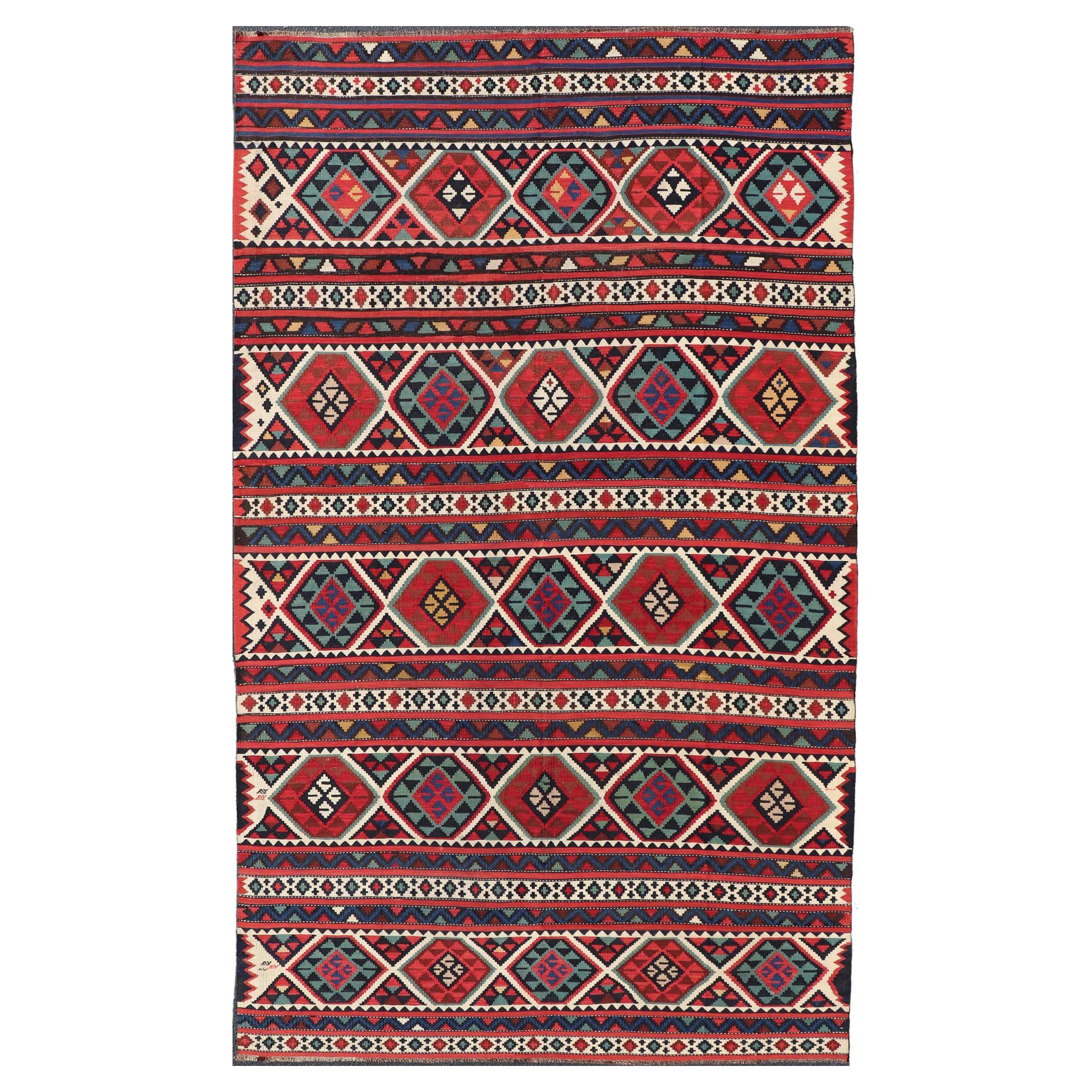 19th Century Antique Shirvan Kilim with Intricate Design in with Vibrant Colors For Sale