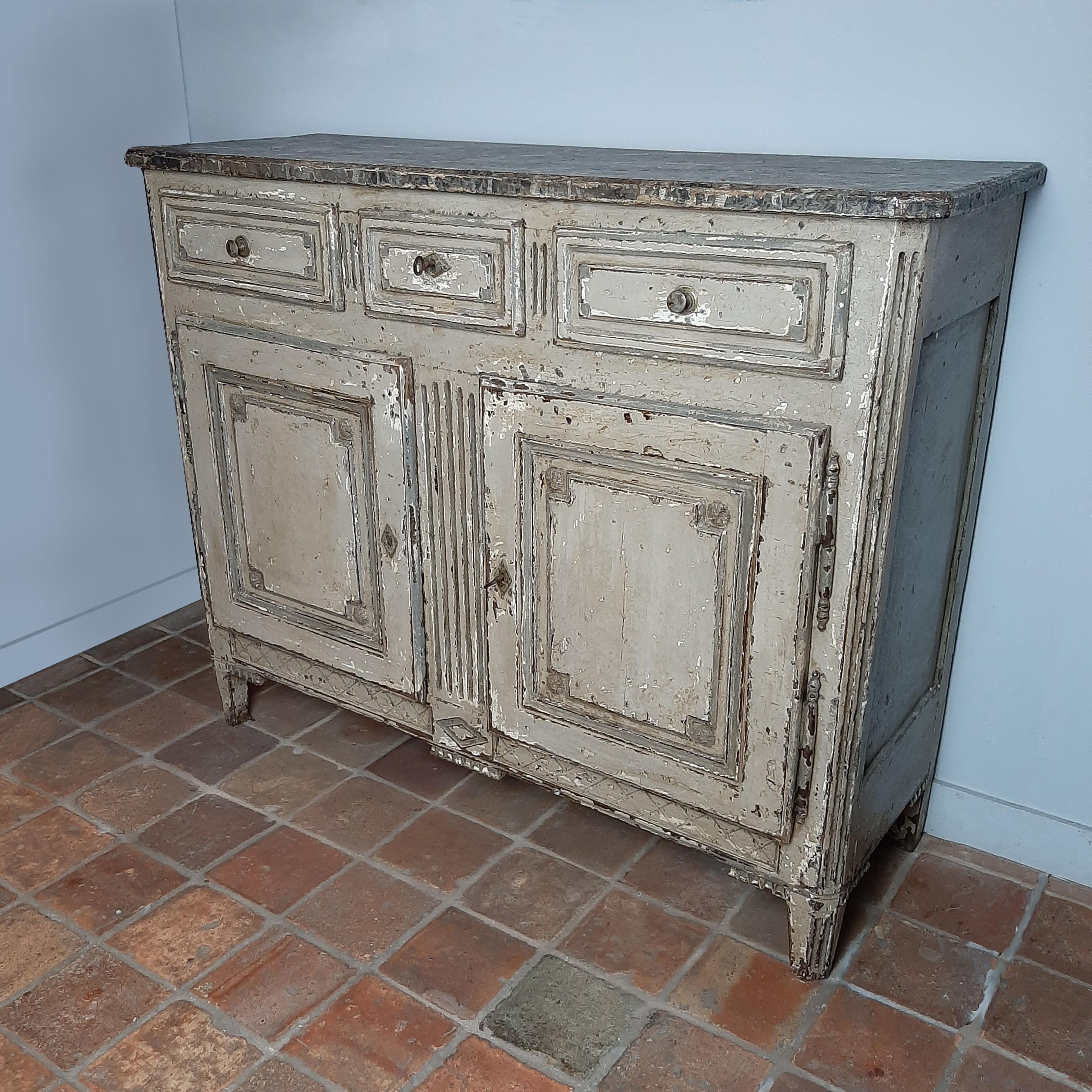 French 19th Century Antique Sideboard, Louis XVI Style, Patinated Oak with Marbled top