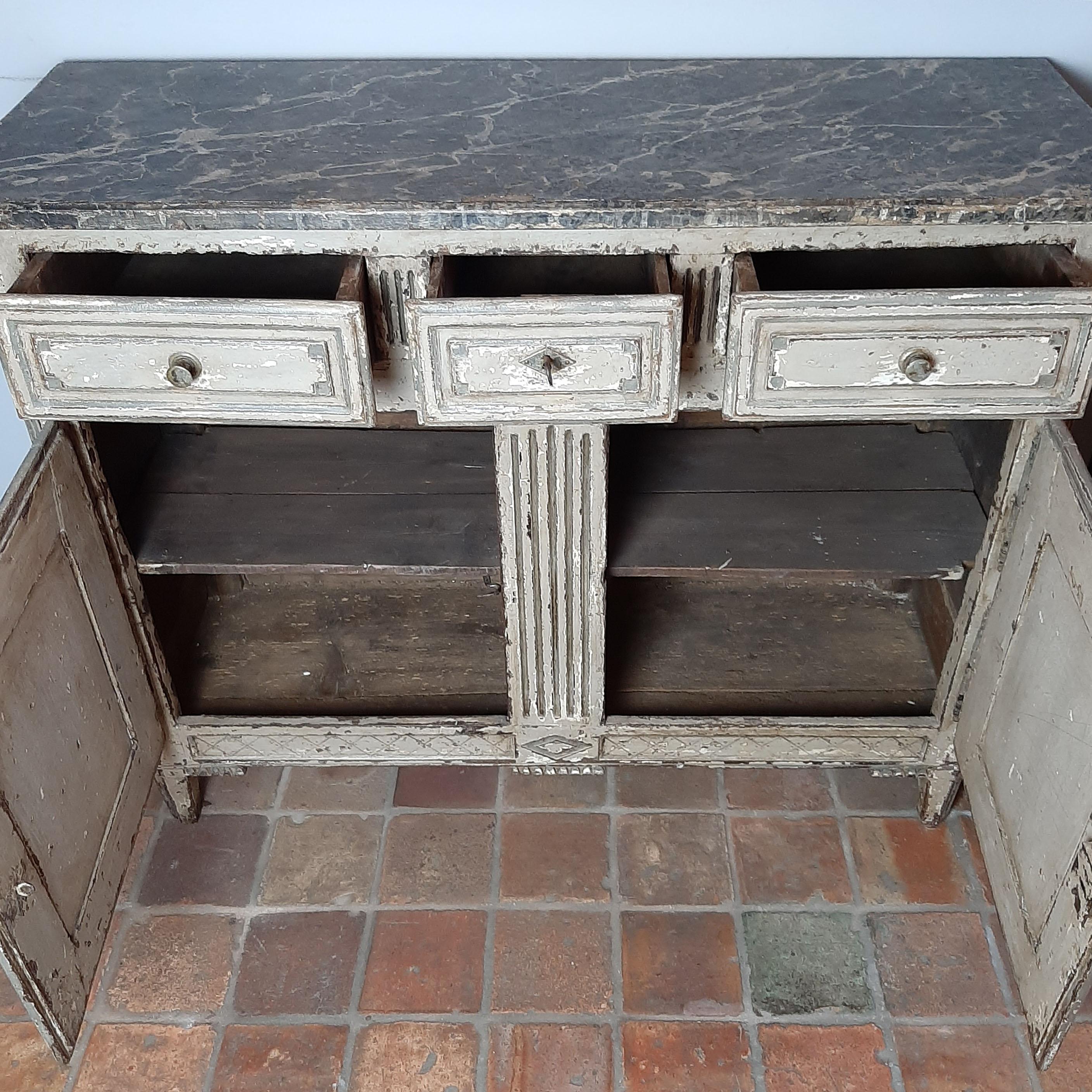 19th Century Antique Sideboard, Louis XVI Style, Patinated Oak with Marbled top 4