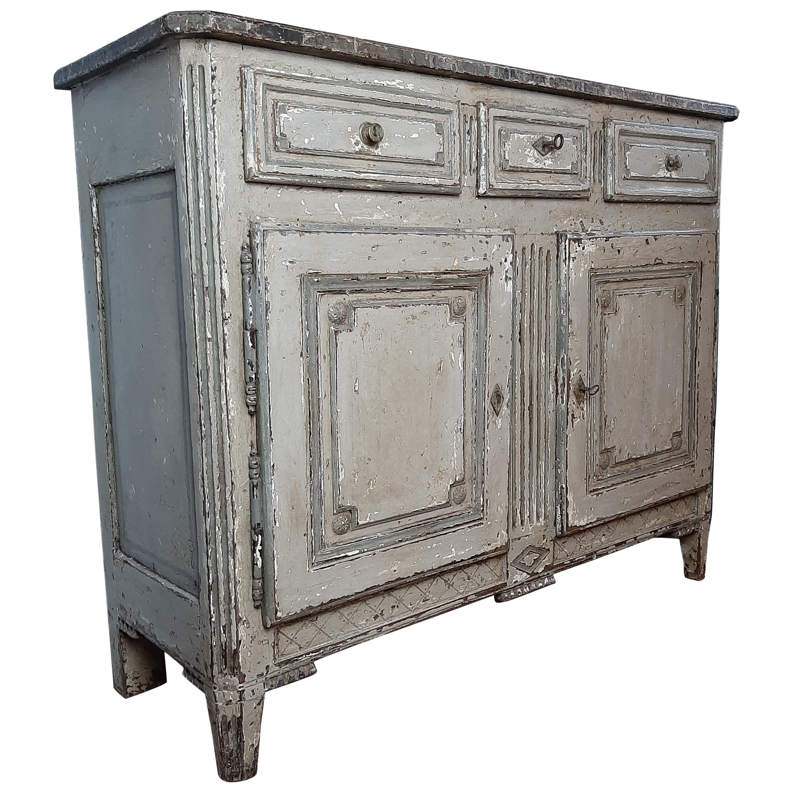 19th Century Antique Sideboard, Louis XVI Style, Patinated Oak with Marbled top