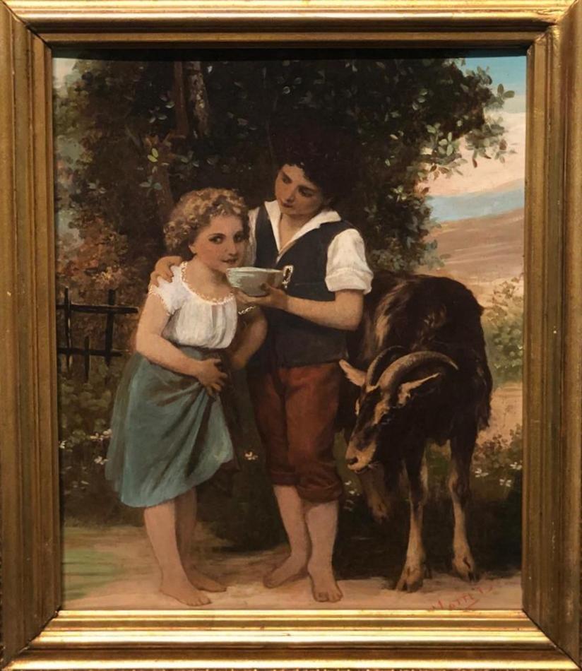 We present this small oil on panel painting of a French school dating from the second half of the 19th century depicting a scene of rural life with two young boys and a goat. 

The canvas is signed in the lower right corner in red