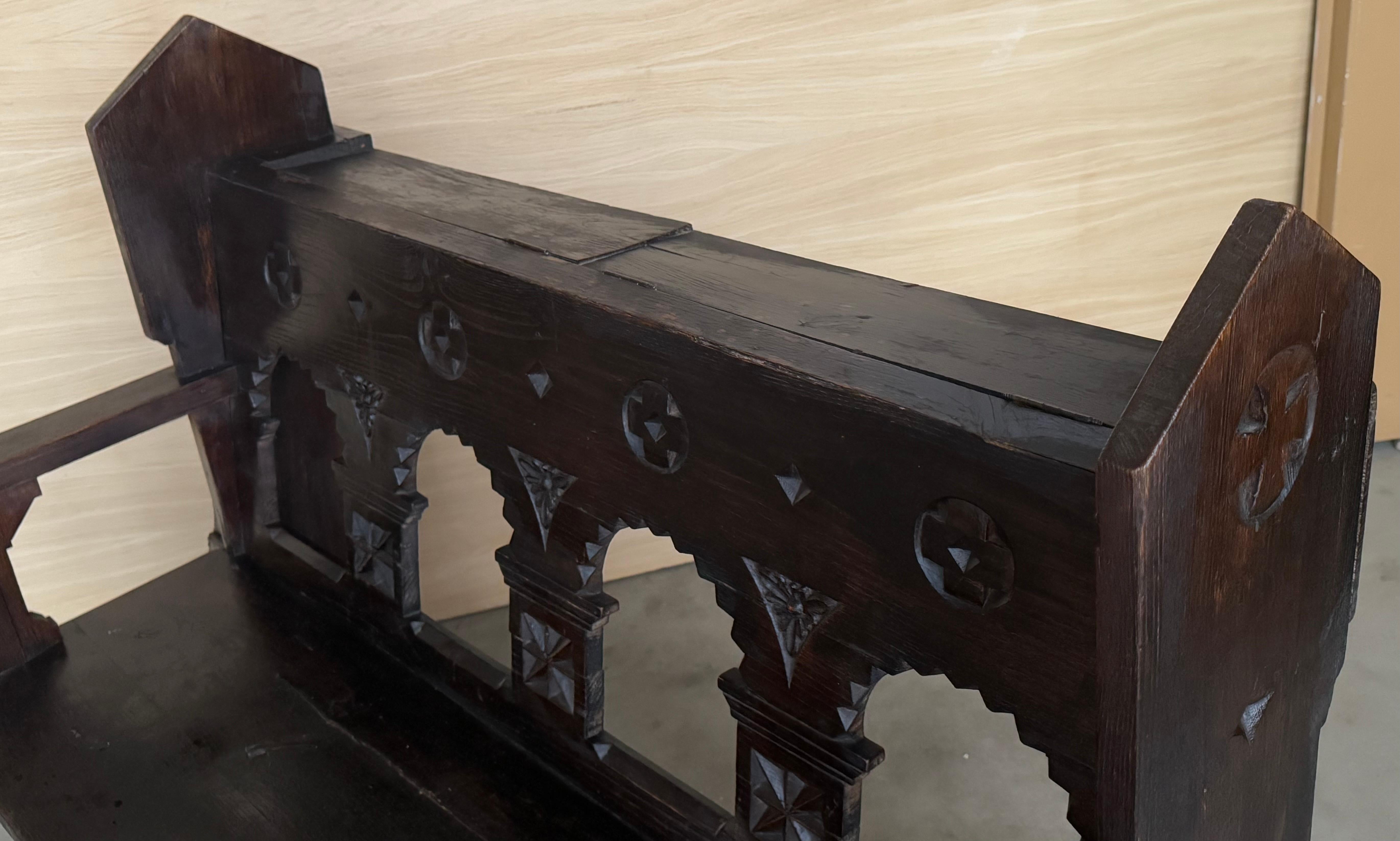 19th Century Antique Solid Oak Church bench in Gothic style with storage For Sale 6