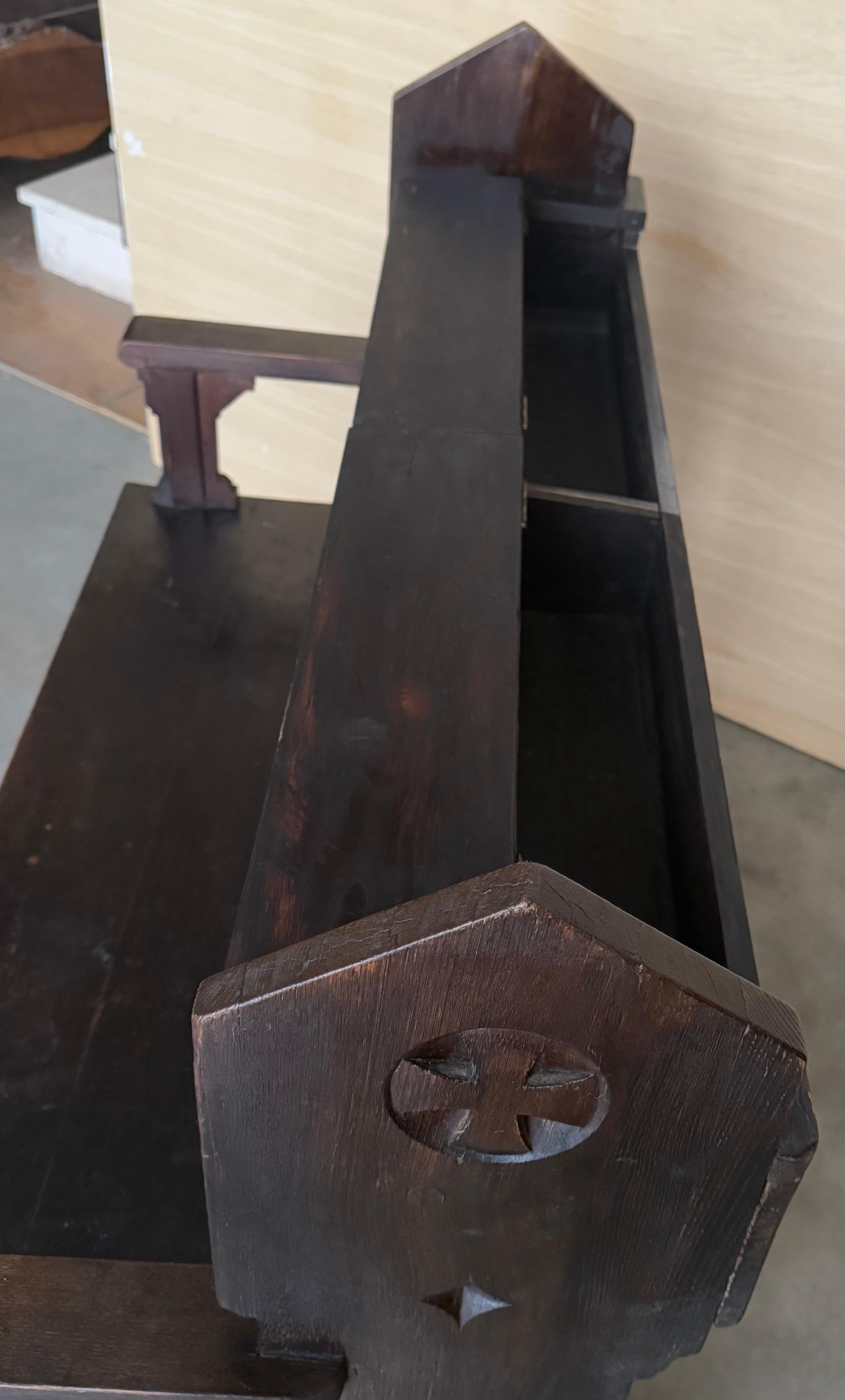 19th Century Antique Solid Oak Church bench in Gothic style with storage For Sale 7