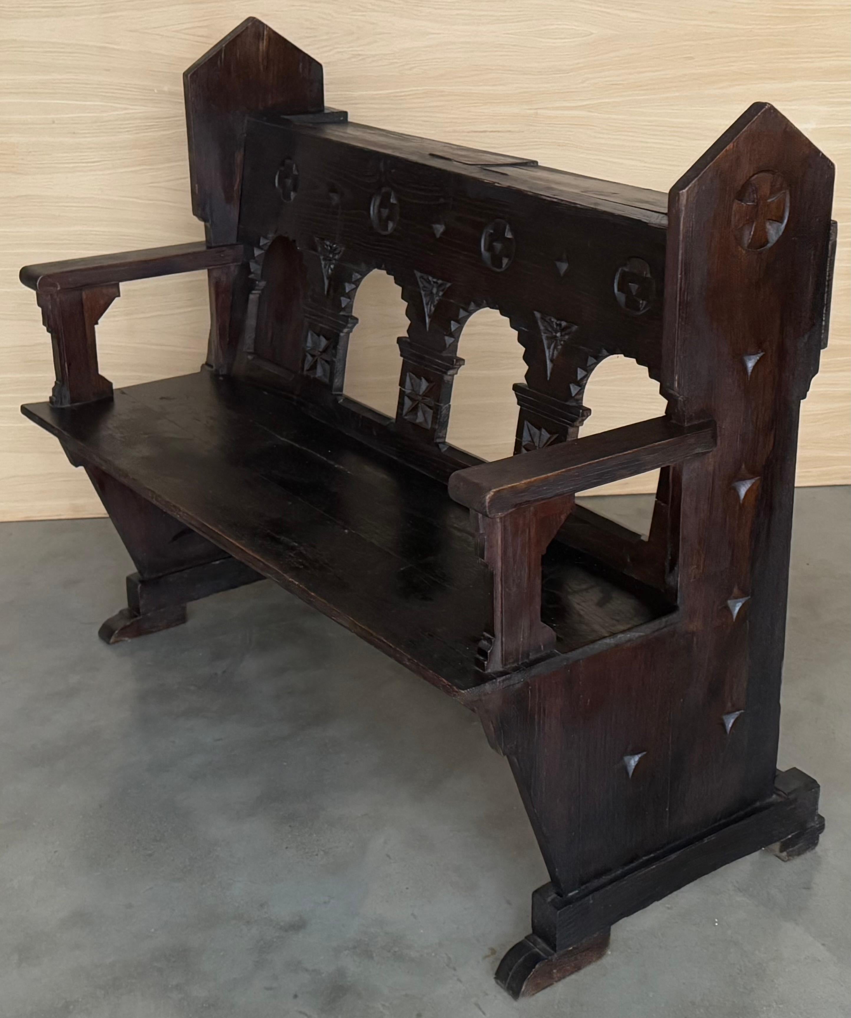 19th Century Antique Solid Oak Church bench in Gothic style with storage For Sale 1