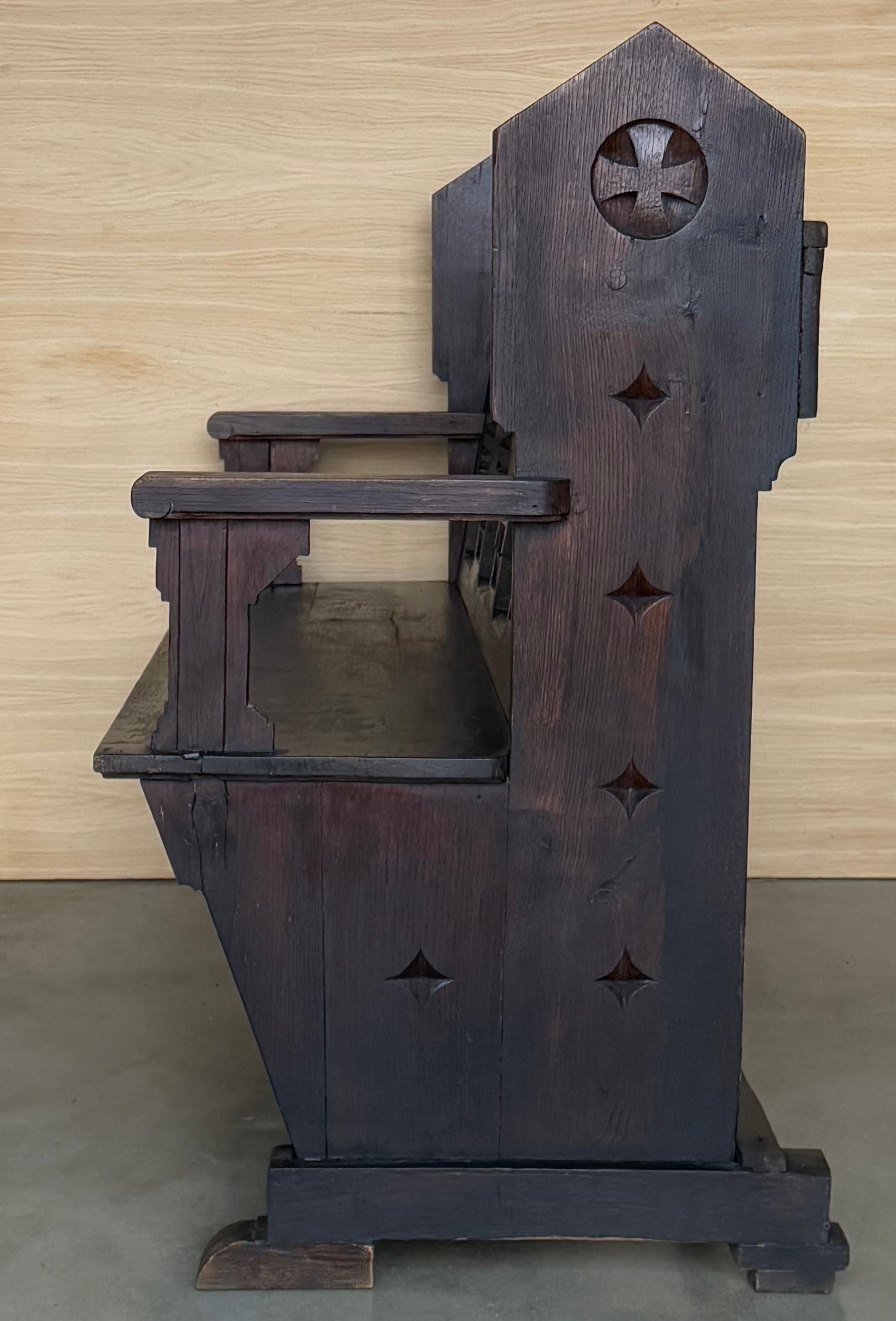 19th Century Antique Solid Oak Church bench in Gothic style with storage For Sale 2