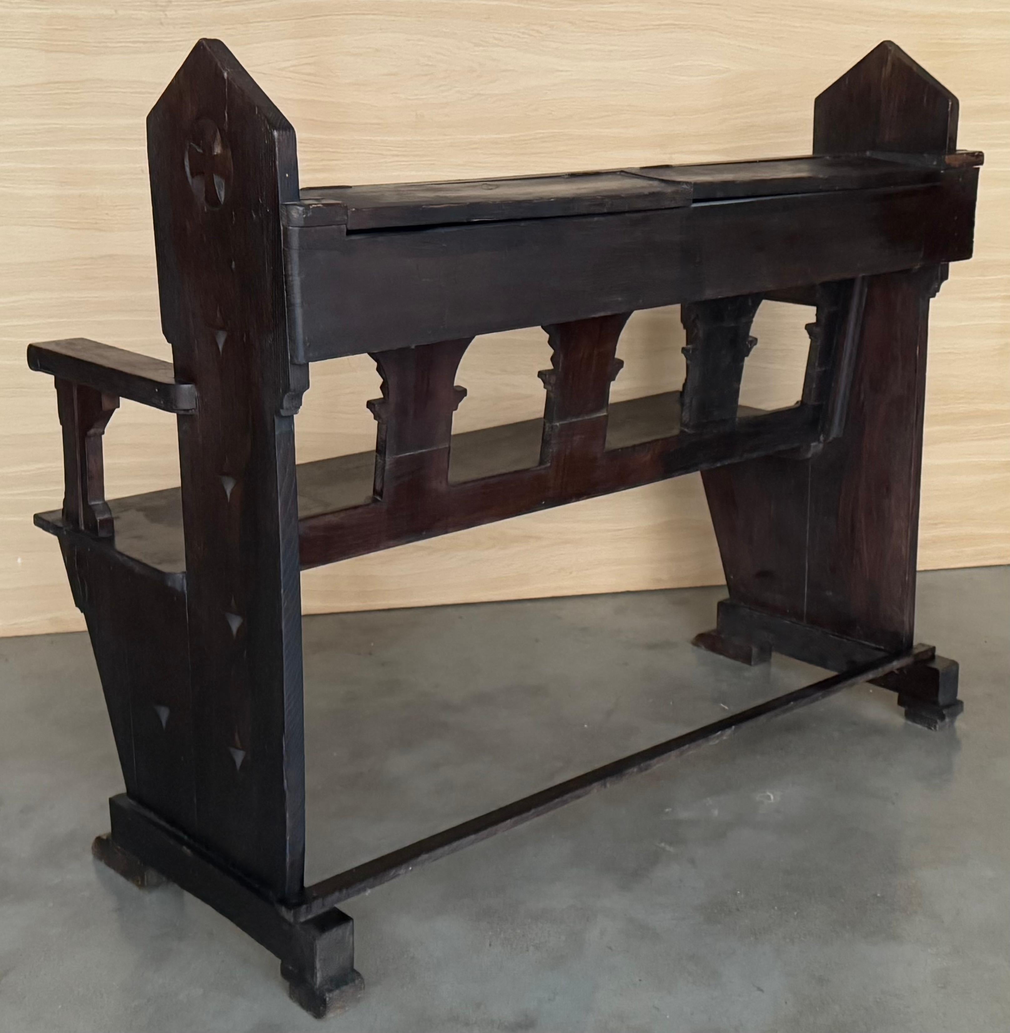 19th Century Antique Solid Oak Church bench in Gothic style with storage For Sale 3