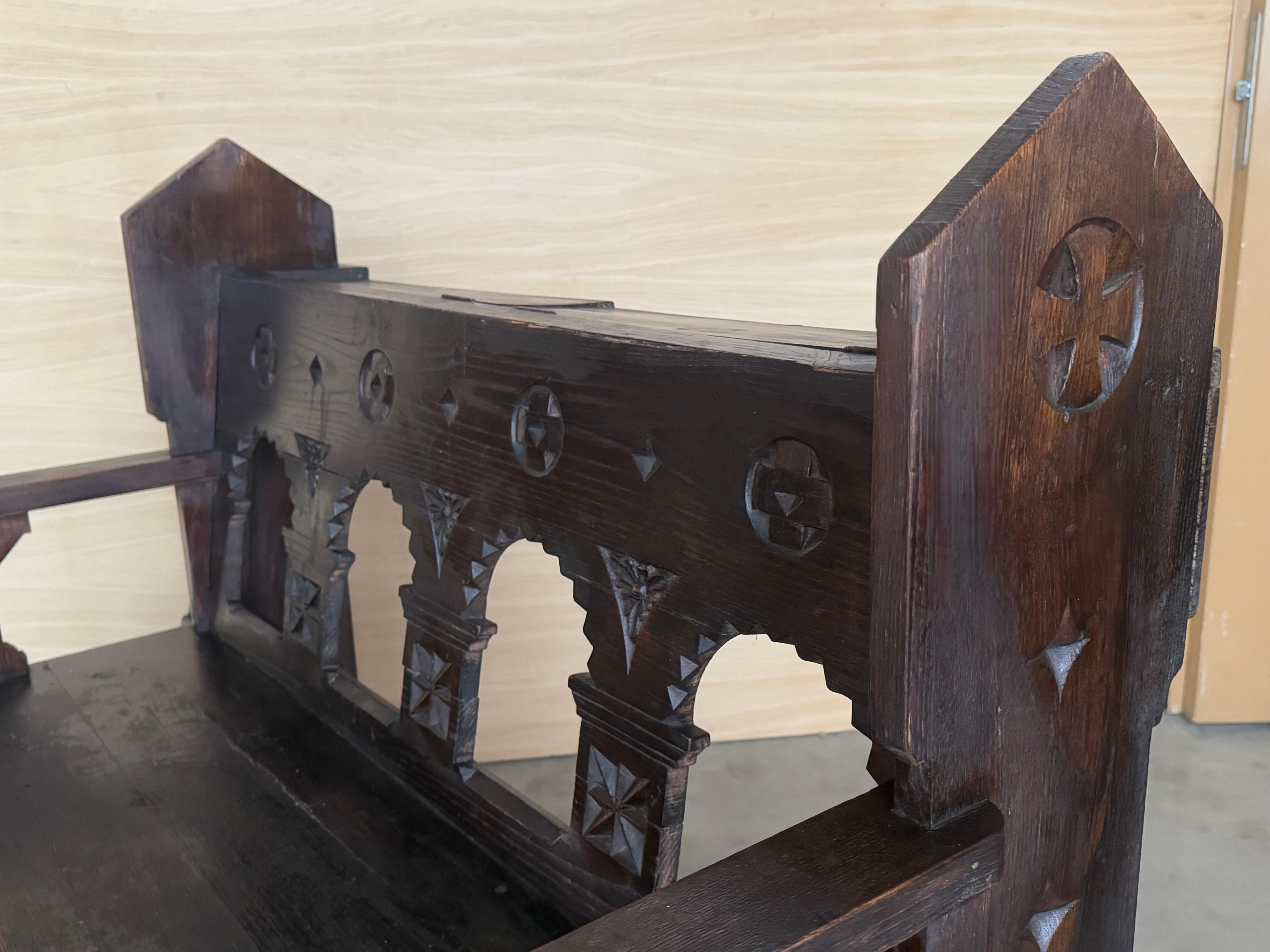 19th Century Antique Solid Oak Church bench in Gothic style with storage For Sale 4
