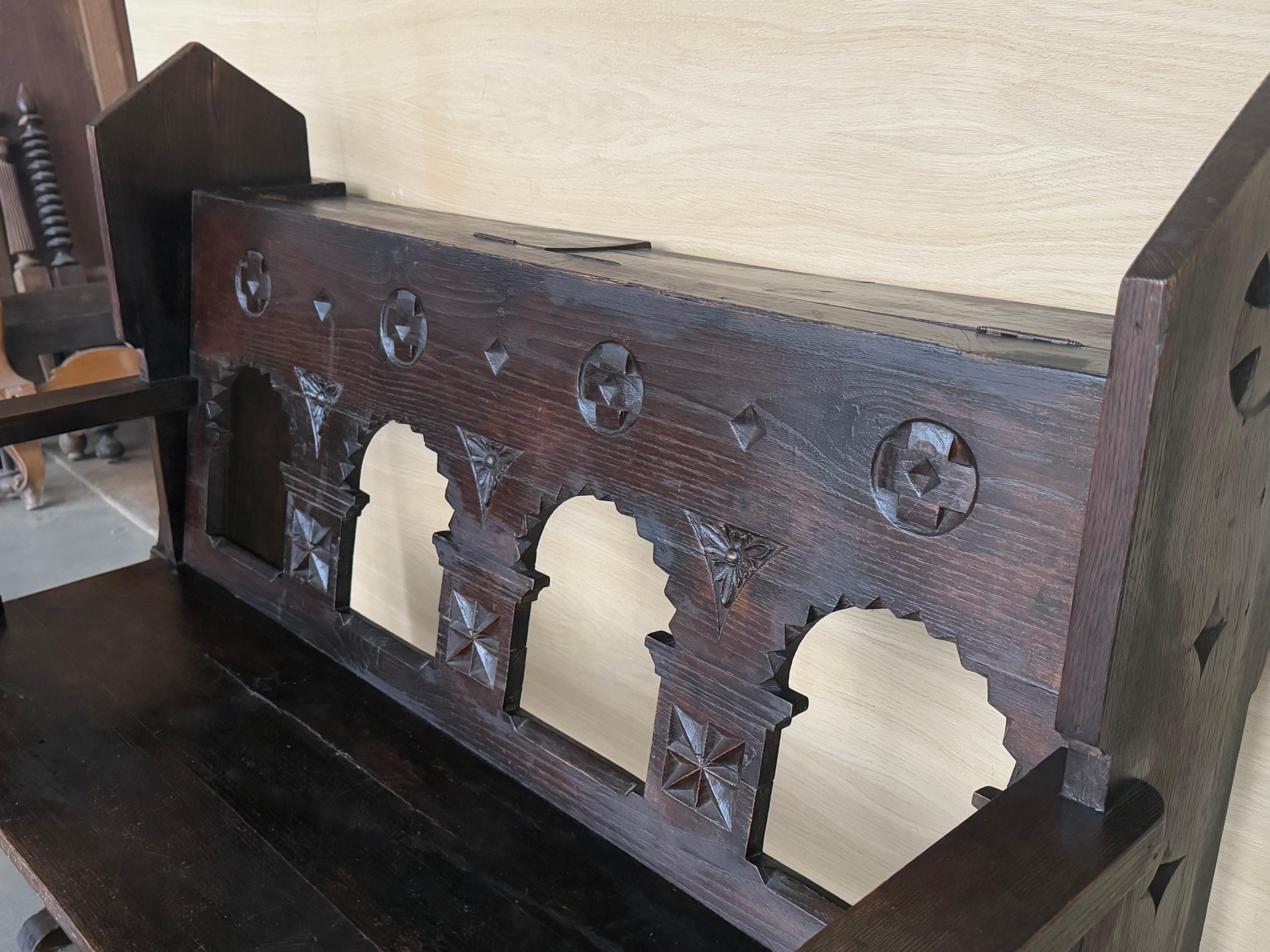 19th Century Antique Solid Oak Church bench in Gothic style with storage For Sale 5