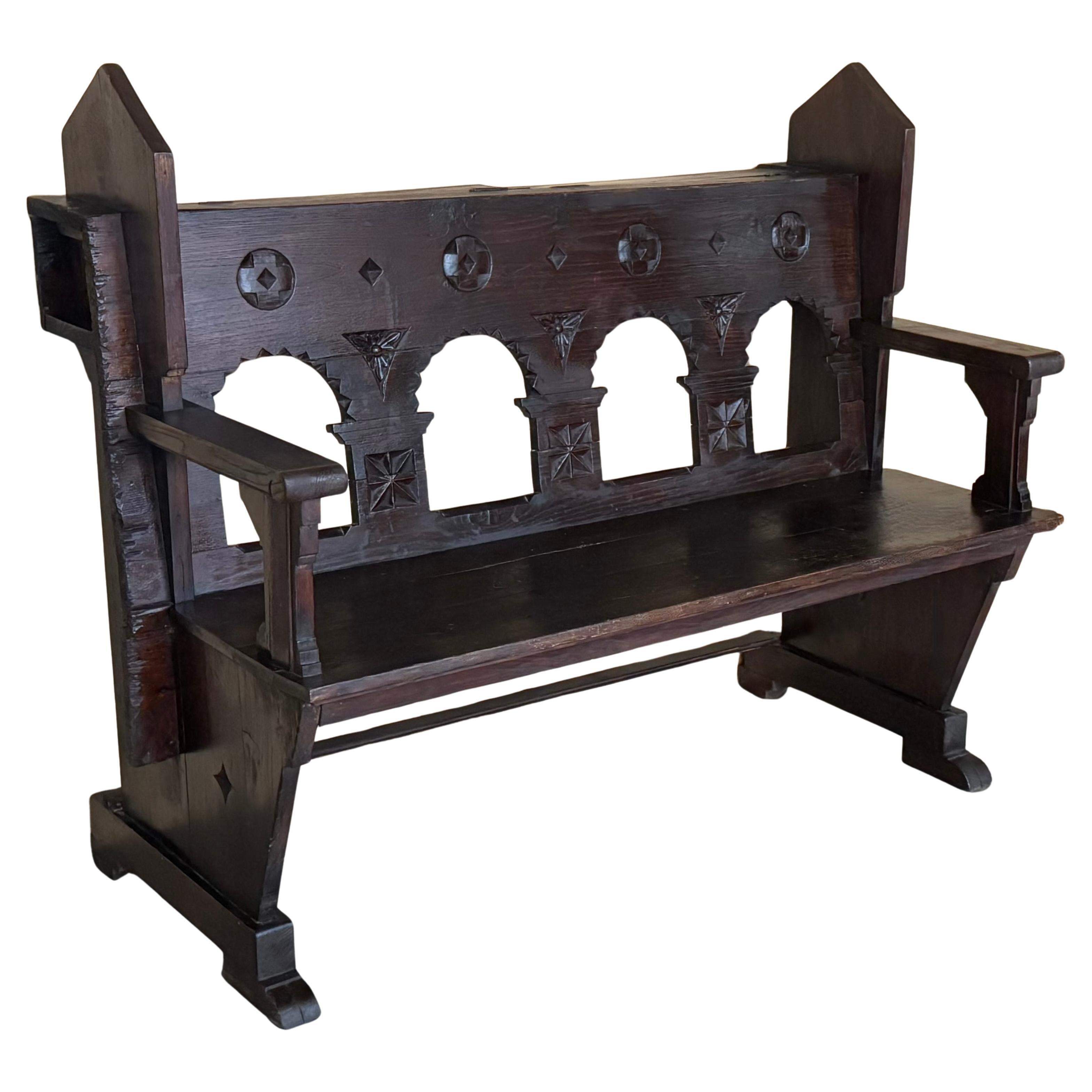19th Century Antique Solid Oak Church bench in Gothic style with storage For Sale