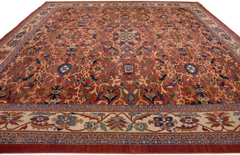 Islamic  19th Century Antique Sultanabad Handmade Allover Floral Rust Square Wool Rug For Sale