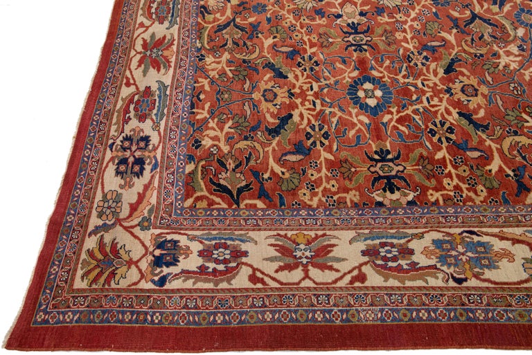 Persian  19th Century Antique Sultanabad Handmade Allover Floral Rust Square Wool Rug For Sale