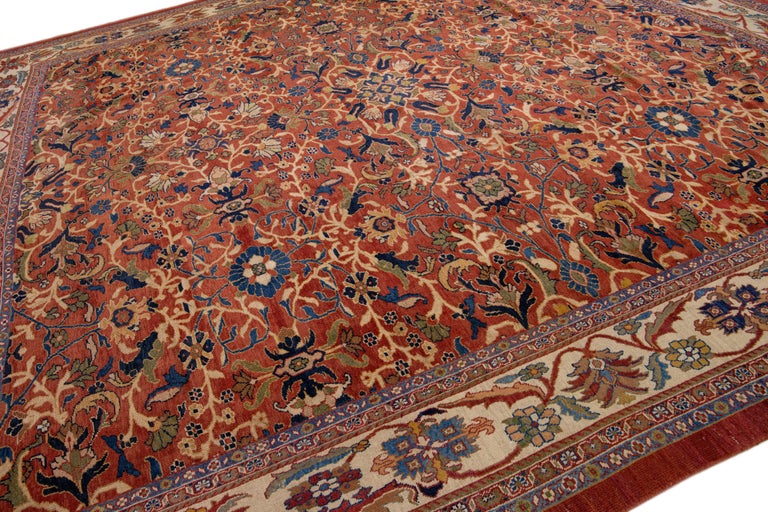 Hand-Knotted  19th Century Antique Sultanabad Handmade Allover Floral Rust Square Wool Rug For Sale