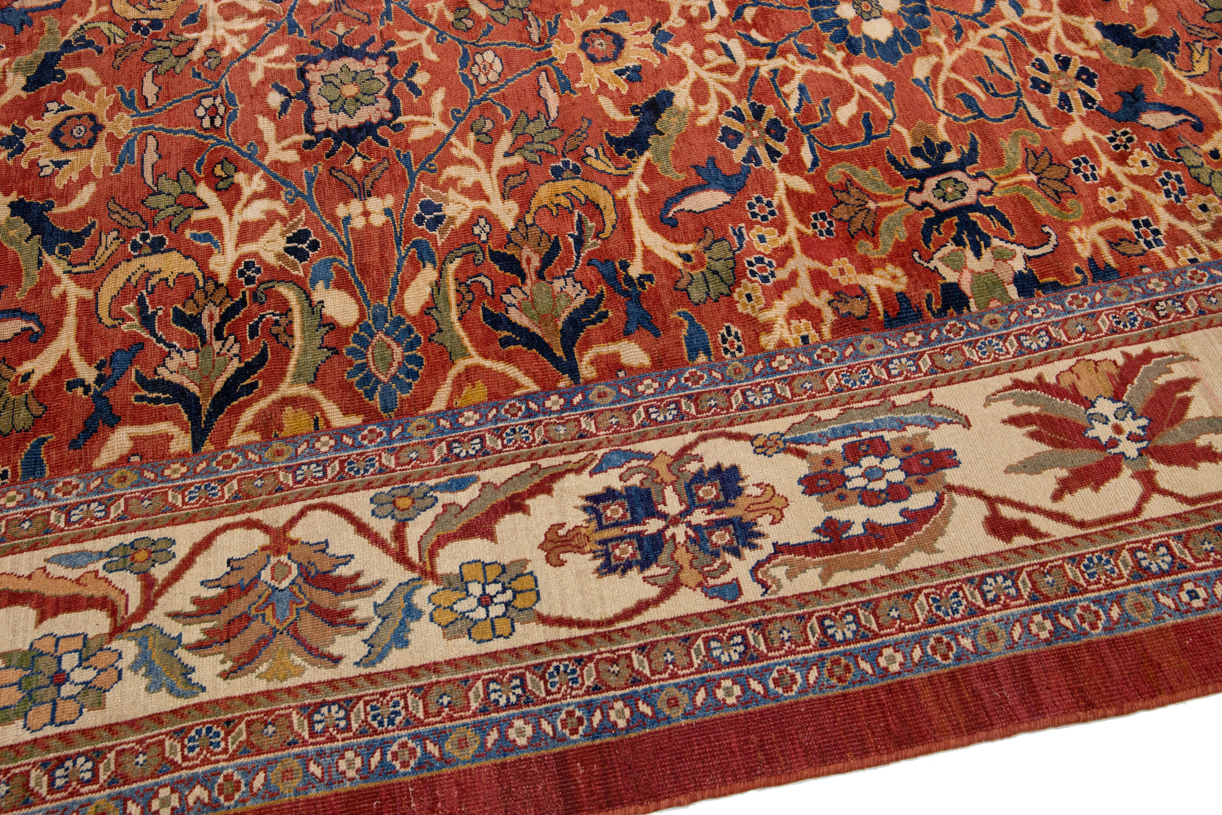  19th Century Antique Sultanabad Handmade Allover Floral Rust Square Wool Rug In Good Condition For Sale In Norwalk, CT