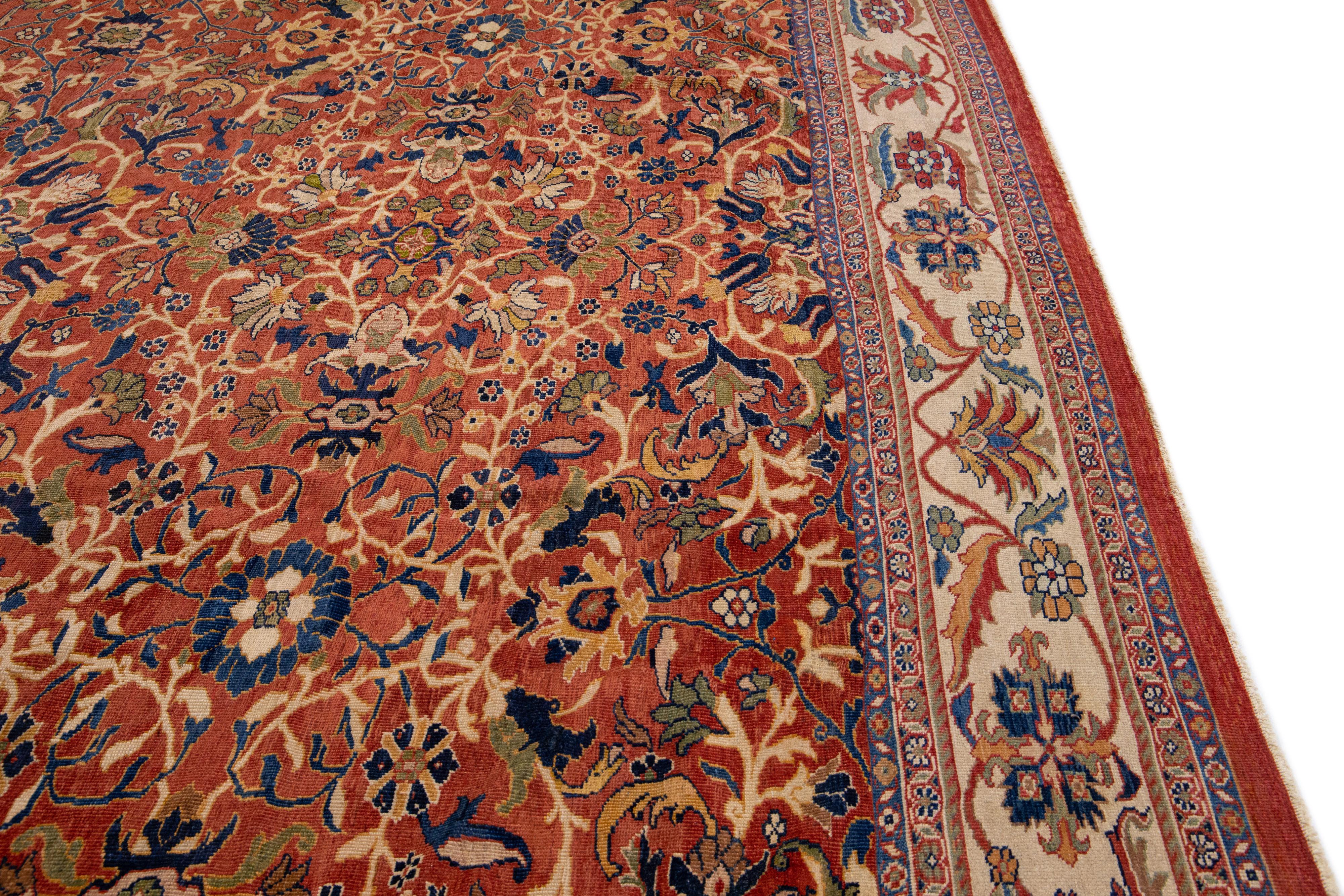  19th Century Antique Sultanabad Handmade Allover Floral Rust Square Wool Rug For Sale 1