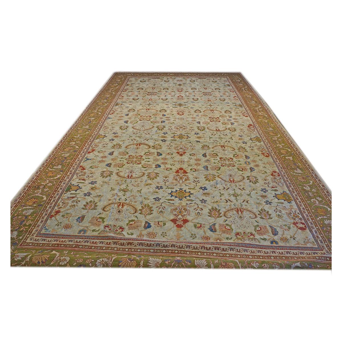 Antiker persischer Sultanabad-Teppich in Übergröße 14x22 in Weichgrün und Blau aus dem 19. Jahrhundert (Handgewebt) im Angebot