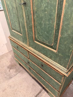 19th Century Antique Swedish Deep Green Painted Pine Two-Piece Cupboard