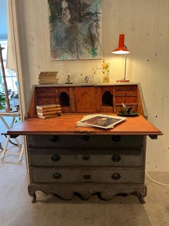 19th Century Antique Swedish Rococo-Style Grey Painted Pine Secretary Desk