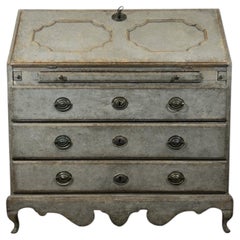 19th Century Antique Swedish Rococo-Style Grey Painted Pine Secretary Desk