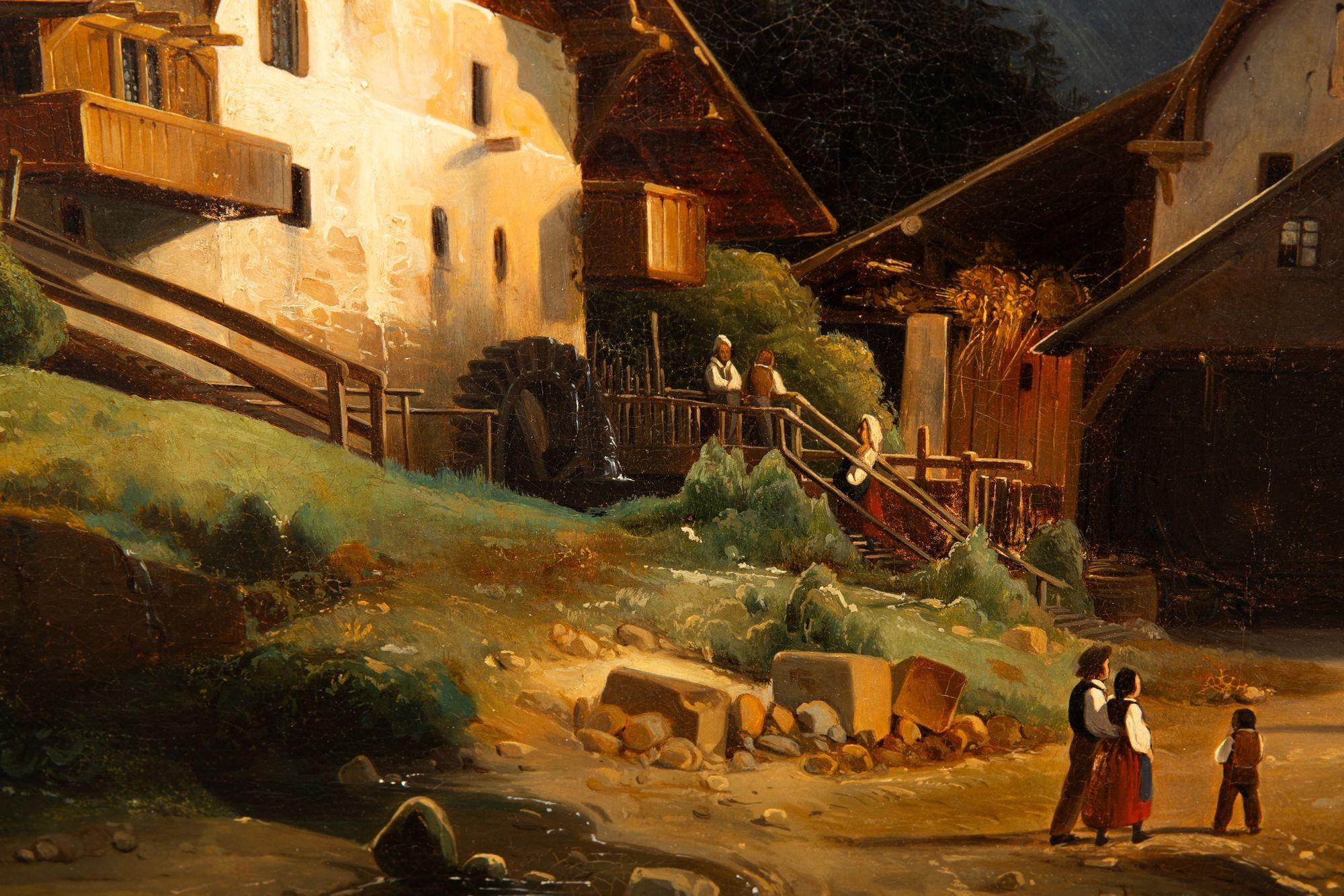 19. Jahrhundert Antike Schweizer Alpendorf Berglandschaft Gemälde im Angebot 3