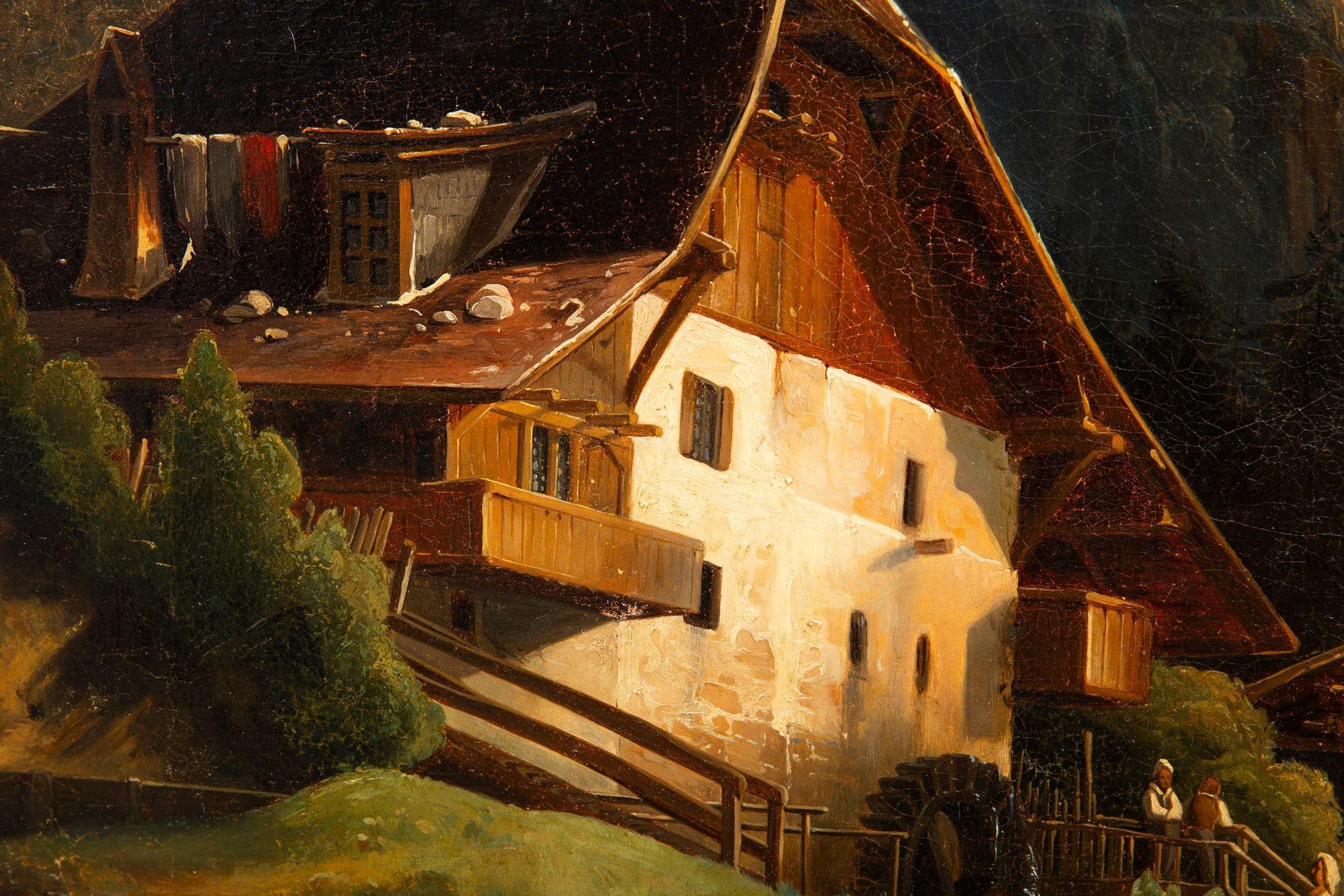19. Jahrhundert Antike Schweizer Alpendorf Berglandschaft Gemälde im Angebot 4