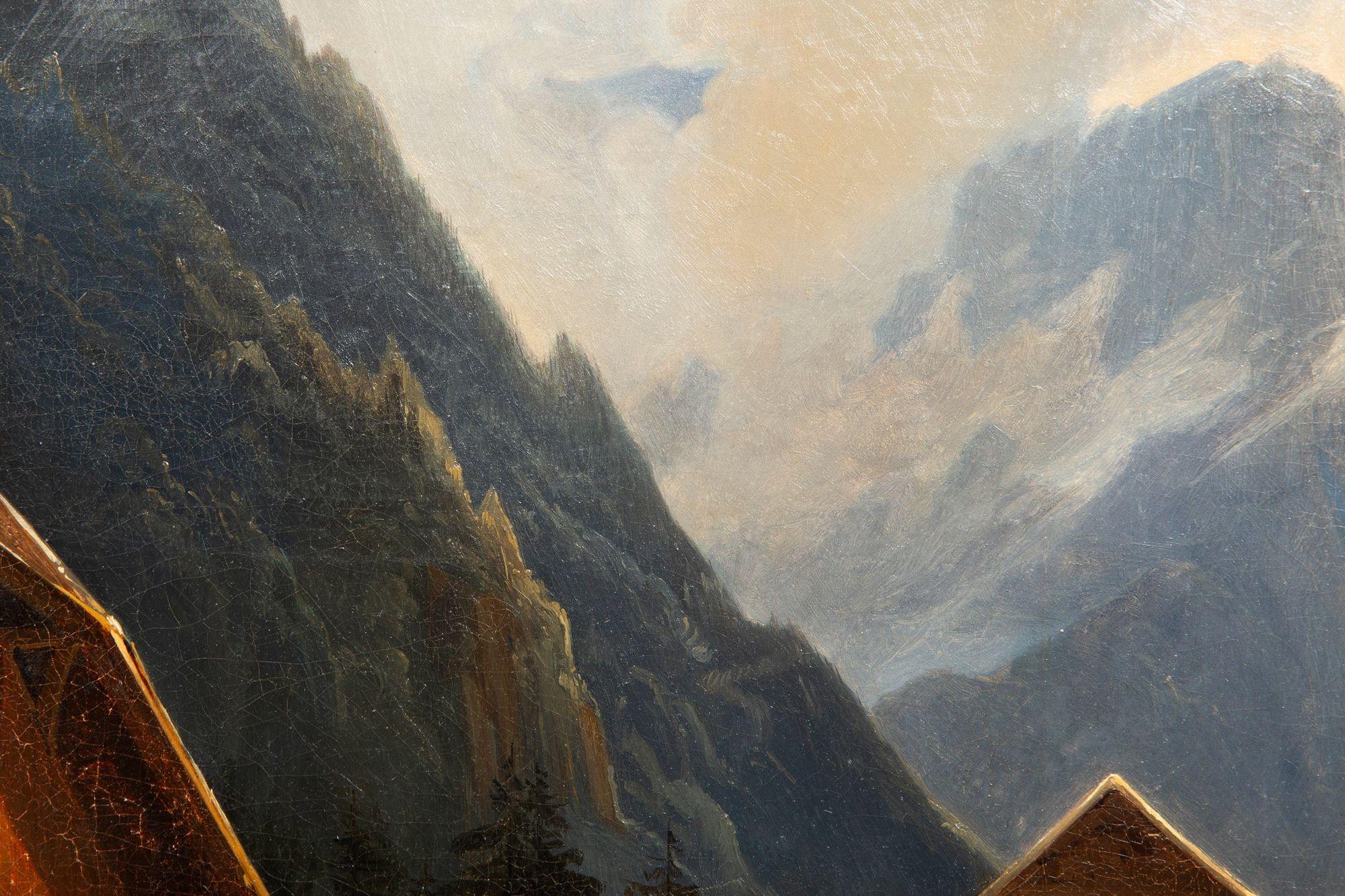 19. Jahrhundert Antike Schweizer Alpendorf Berglandschaft Gemälde im Angebot 9