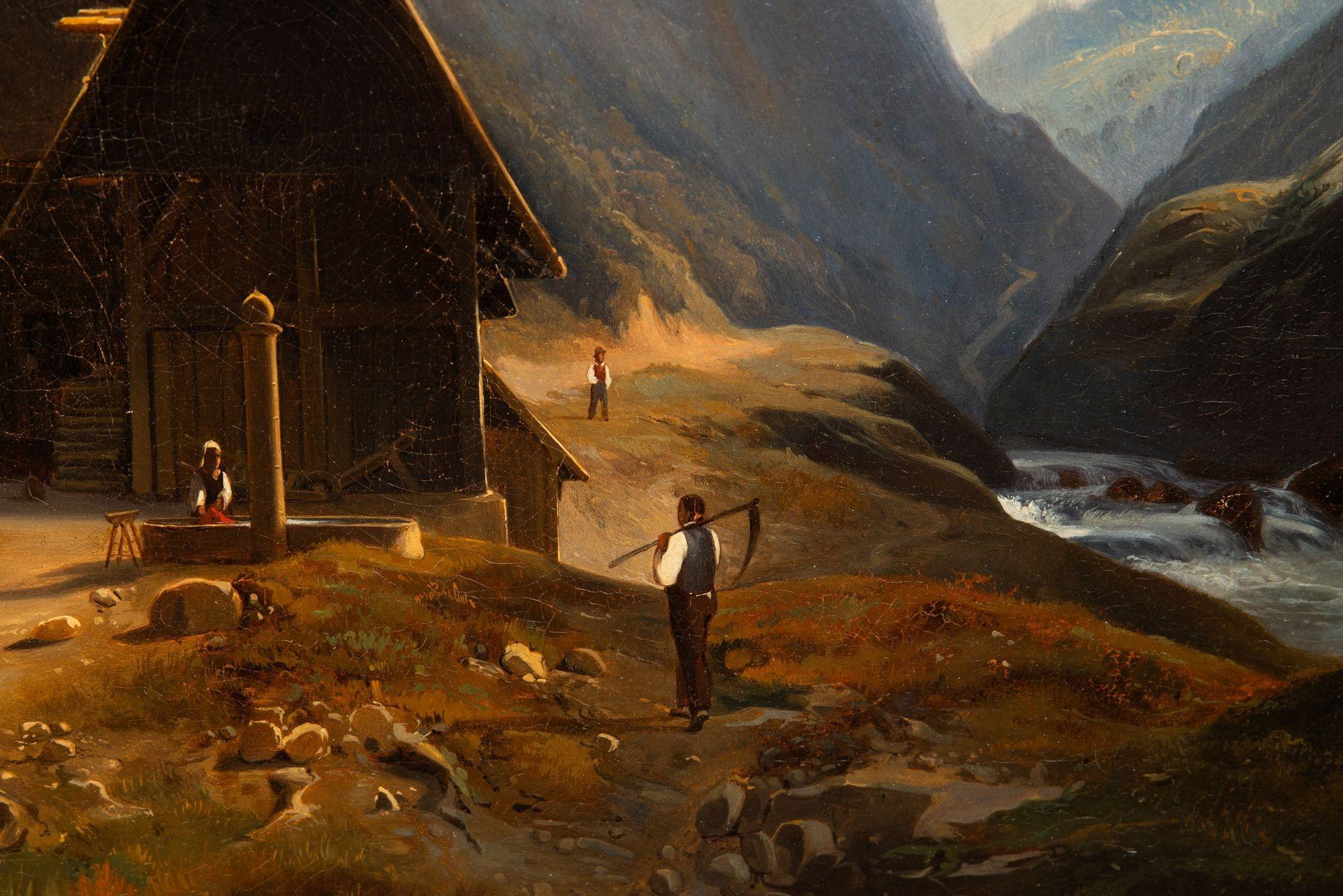 19. Jahrhundert Antike Schweizer Alpendorf Berglandschaft Gemälde im Angebot 10