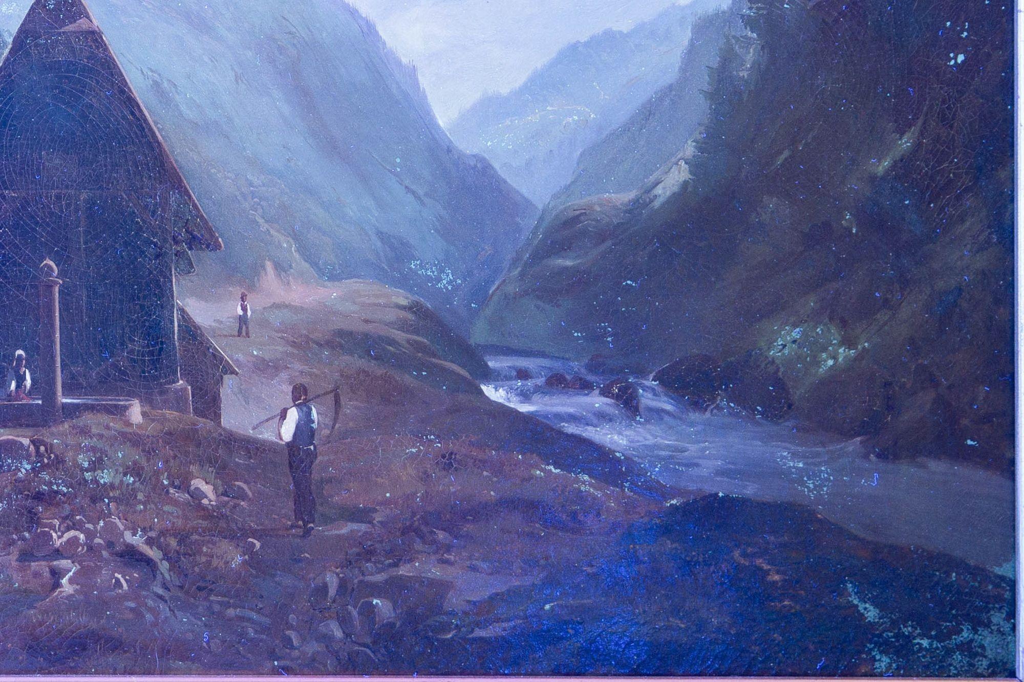 19. Jahrhundert Antike Schweizer Alpendorf Berglandschaft Gemälde im Angebot 11