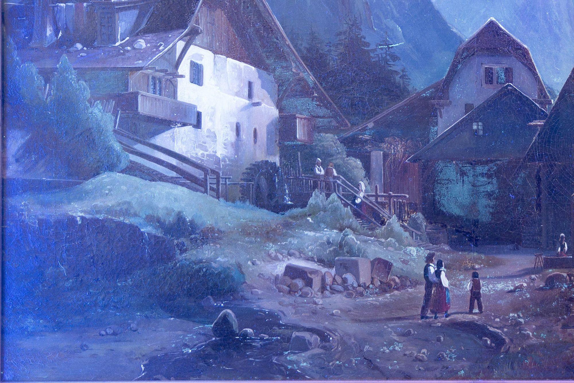 19. Jahrhundert Antike Schweizer Alpendorf Berglandschaft Gemälde im Angebot 12