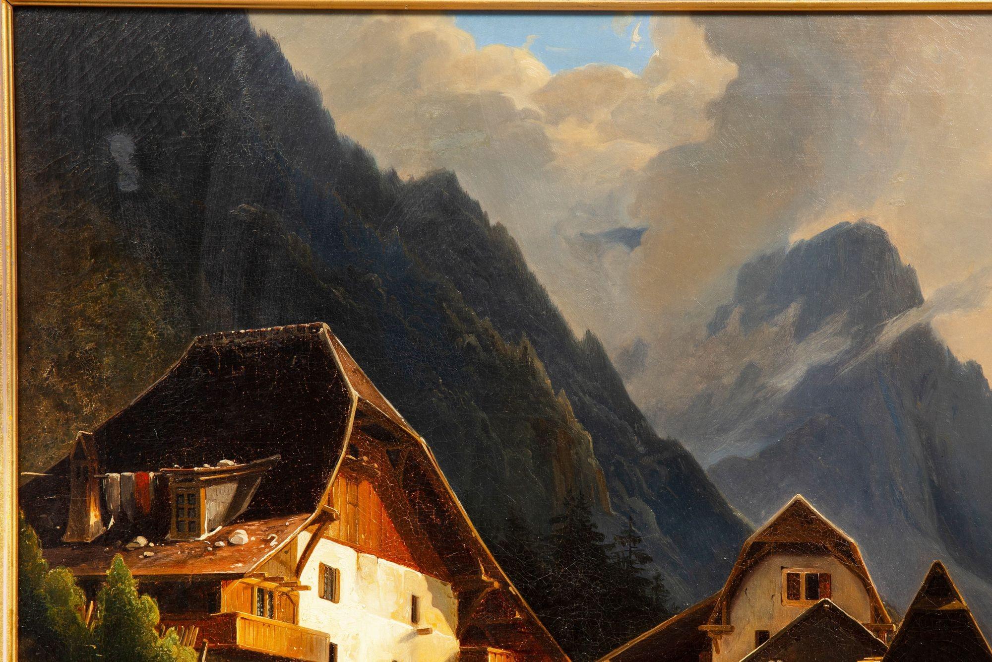 19. Jahrhundert Antike Schweizer Alpendorf Berglandschaft Gemälde (Viktorianisch) im Angebot