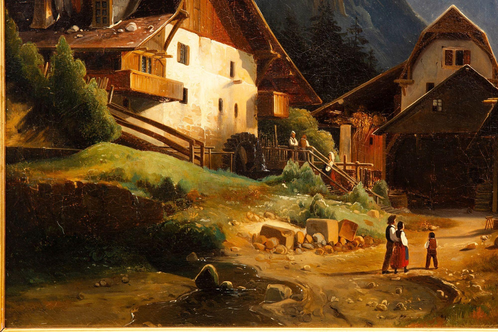 19. Jahrhundert Antike Schweizer Alpendorf Berglandschaft Gemälde (Europ�äisch) im Angebot
