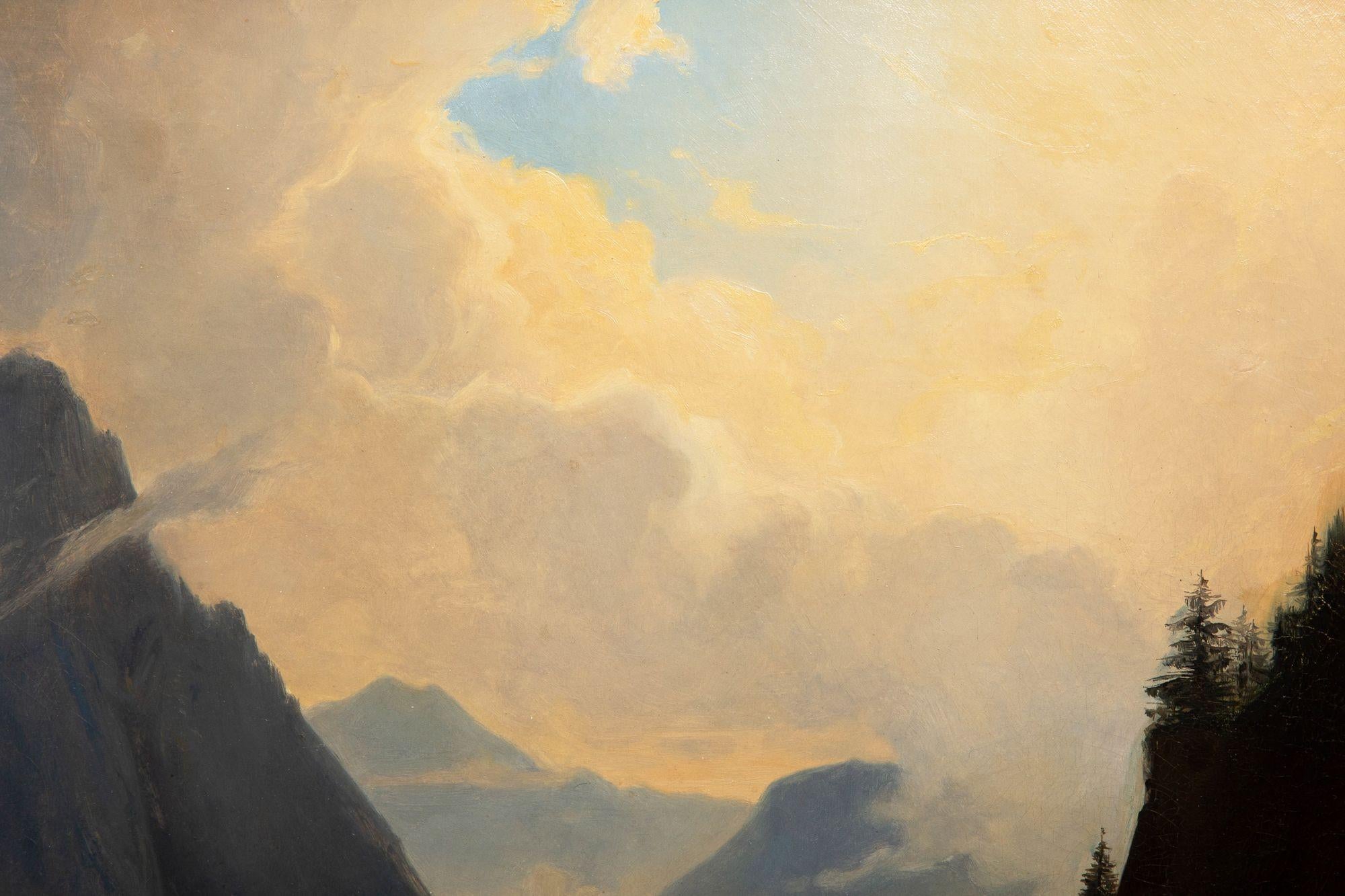 19. Jahrhundert Antike Schweizer Alpendorf Berglandschaft Gemälde (Handbemalt) im Angebot