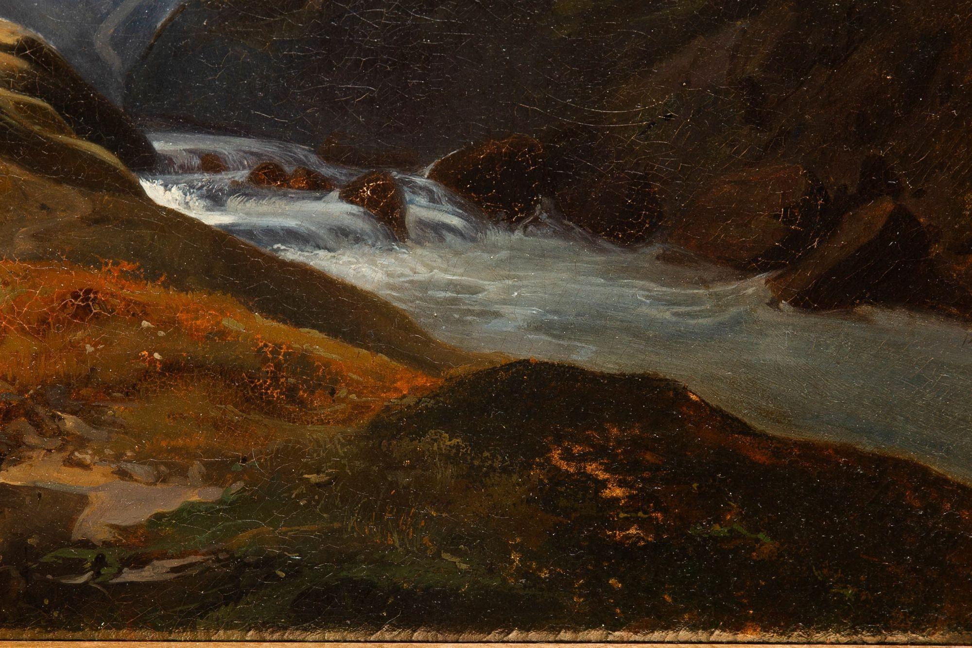 19. Jahrhundert Antike Schweizer Alpendorf Berglandschaft Gemälde (Leinwand) im Angebot