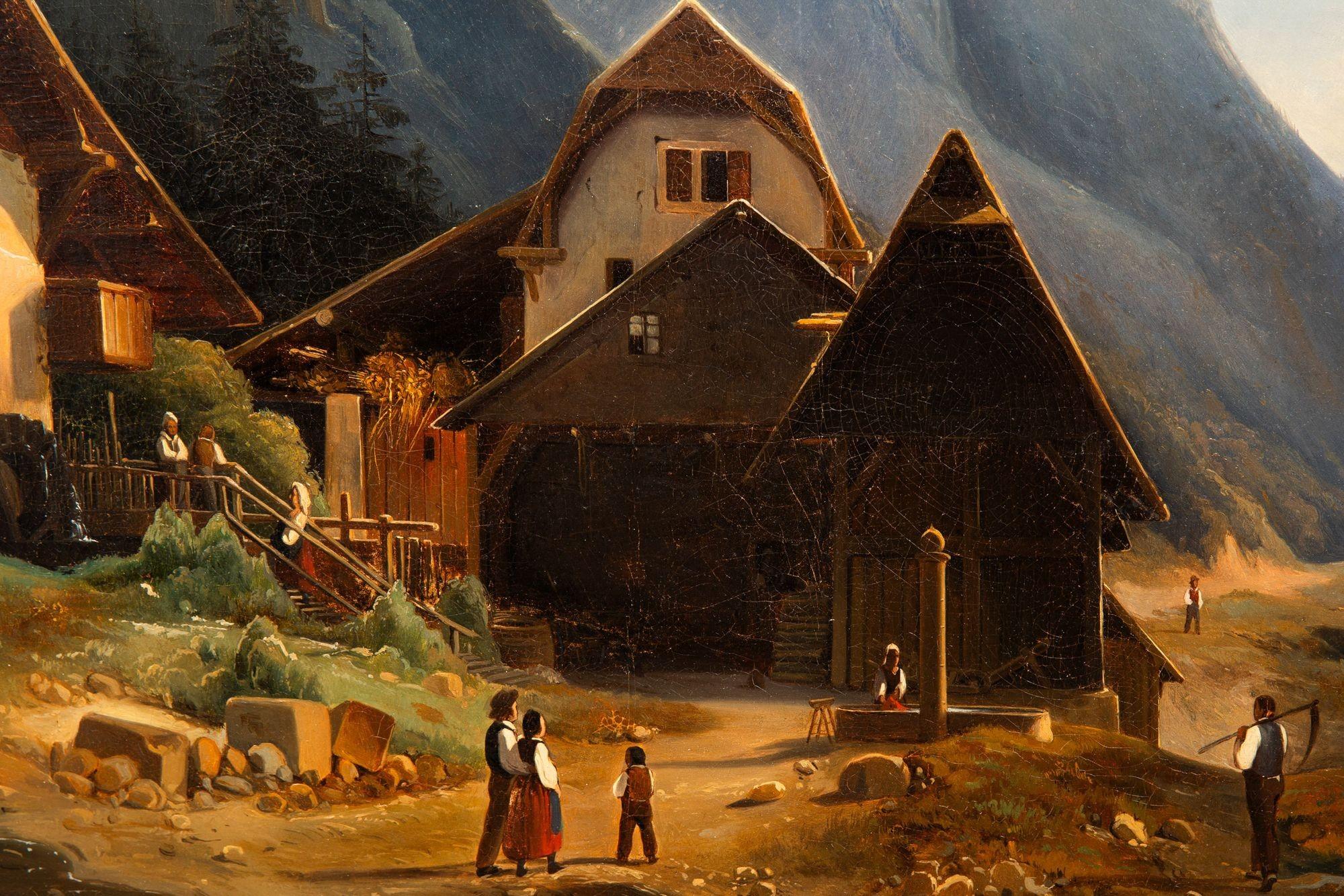 19. Jahrhundert Antike Schweizer Alpendorf Berglandschaft Gemälde im Angebot 1