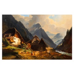 19. Jahrhundert Antike Schweizer Alpendorf Berglandschaft Gemälde