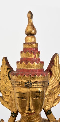 19th Century, Antique Tai Yai Burmese Wooden Seated Crowned King Buddha