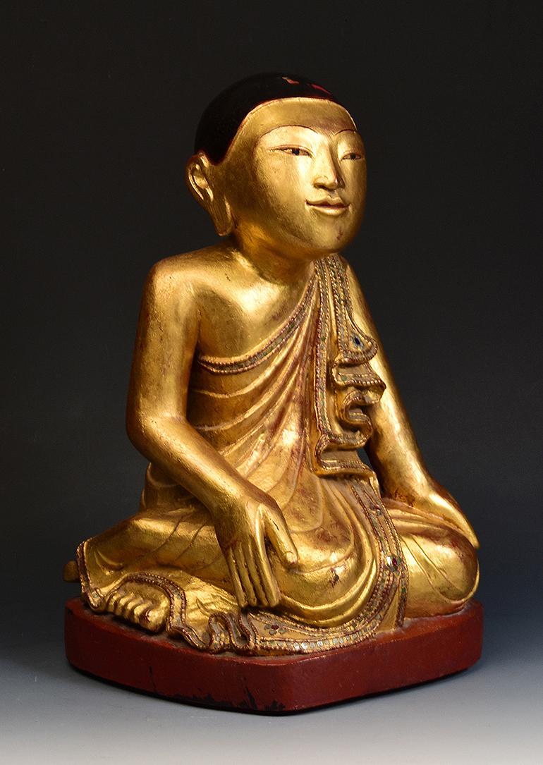 19th Century, Antique Tai Yai Burmese Wooden Seated Disciple / Monk For Sale 11