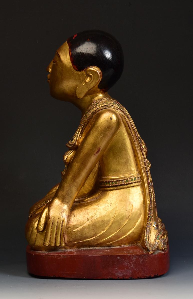 19th Century, Antique Tai Yai Burmese Wooden Seated Disciple / Monk For Sale 4