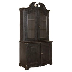 19th Century Antique Tall Oak Cabinet Cupboard Bookcase Painted Black