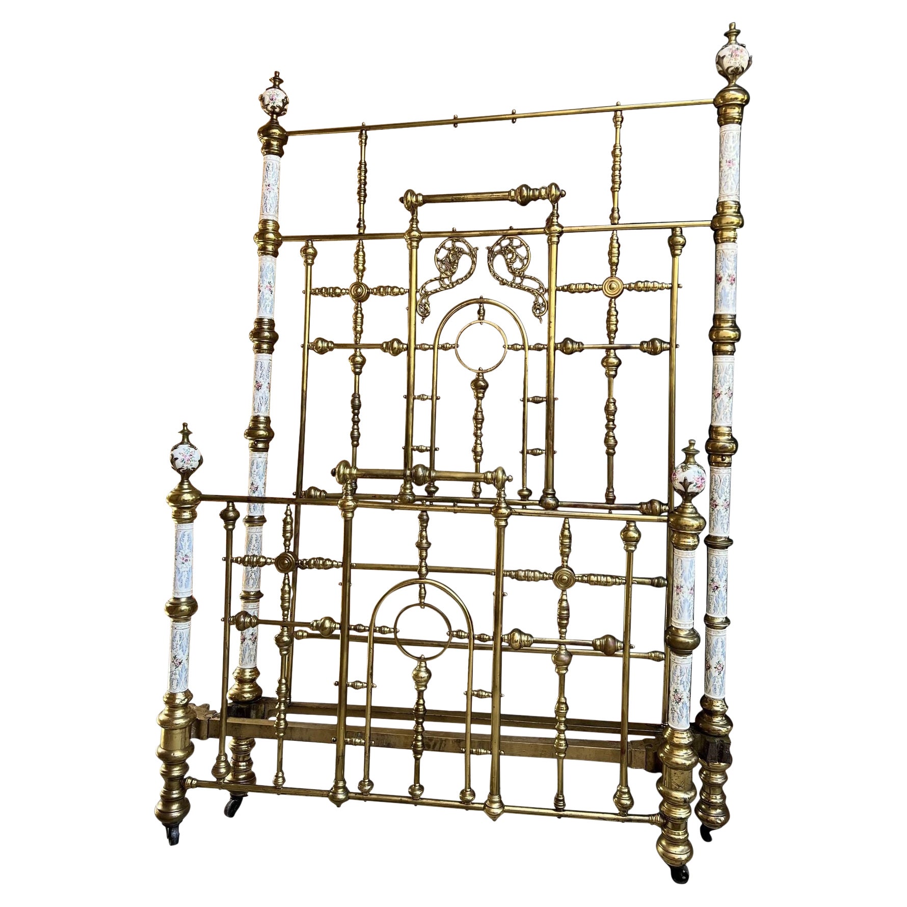 19ème siècle Antique Tall Victorian Brass Bed Full Frame Porcelain Hand Painted