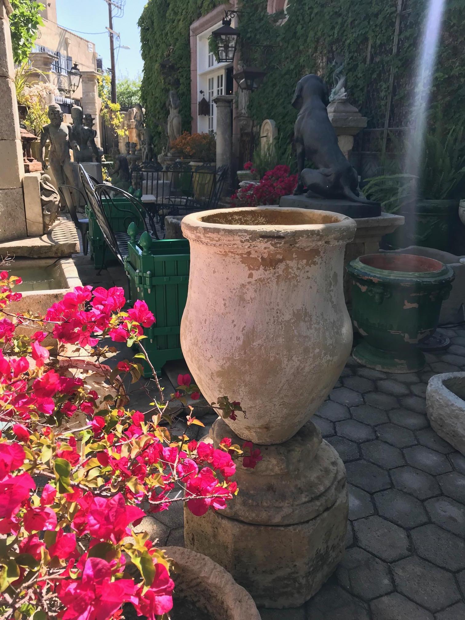 19th Century Antique Terracotta Jar Planter Anduze like Vessel on a Metal Base In Fair Condition In West Hollywood, CA