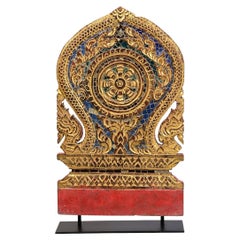 19th Century, Antique Thai Wood Carving with Gilded Gold and Glass