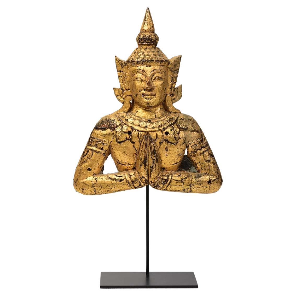 19th Century, Antique Thai Wooden Angel with Gilded Gold