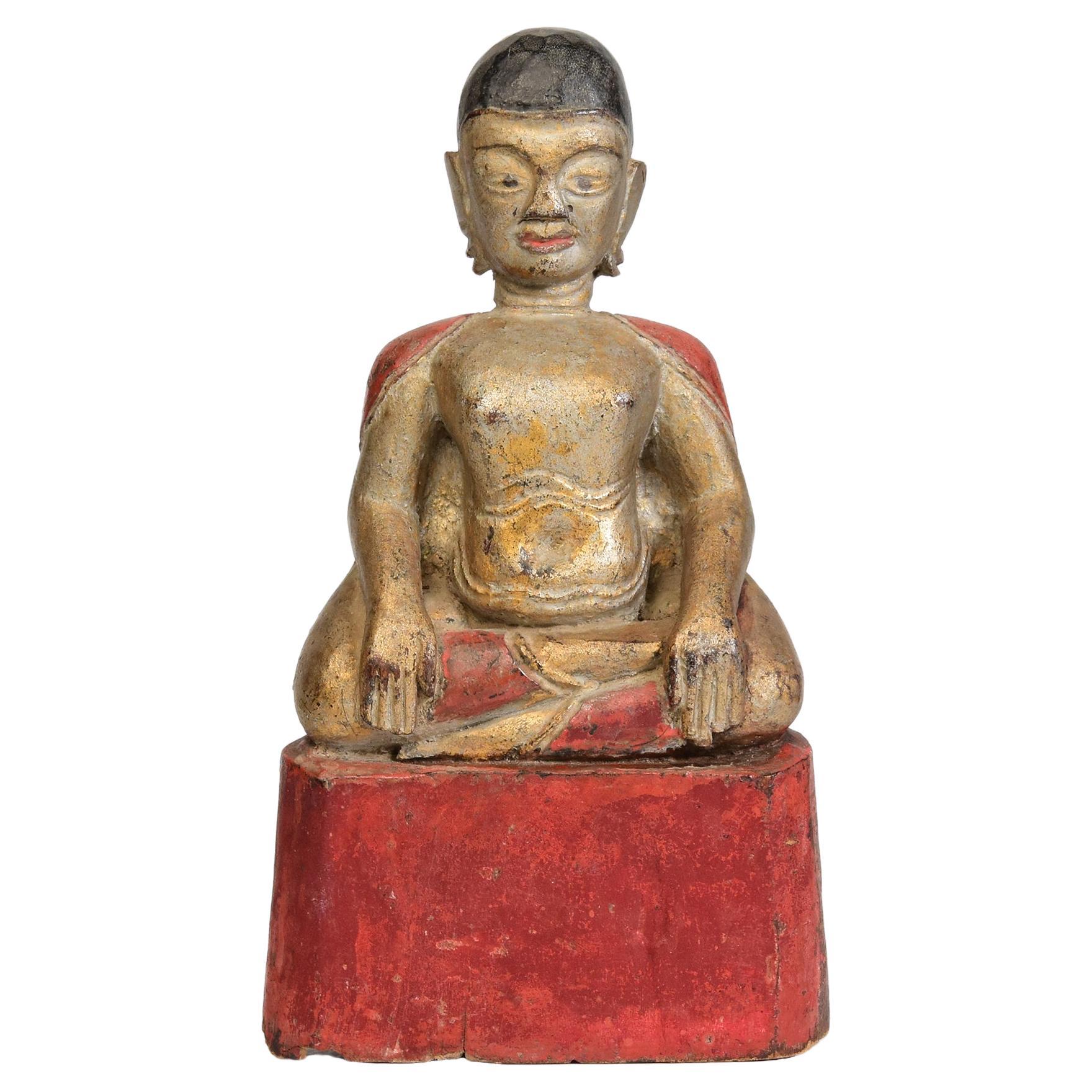 19. Jahrhundert, antiker thailändischer sitzender Happy Buddha aus Holz im Angebot