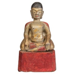 19. Jahrhundert, antiker thailändischer sitzender Happy Buddha aus Holz