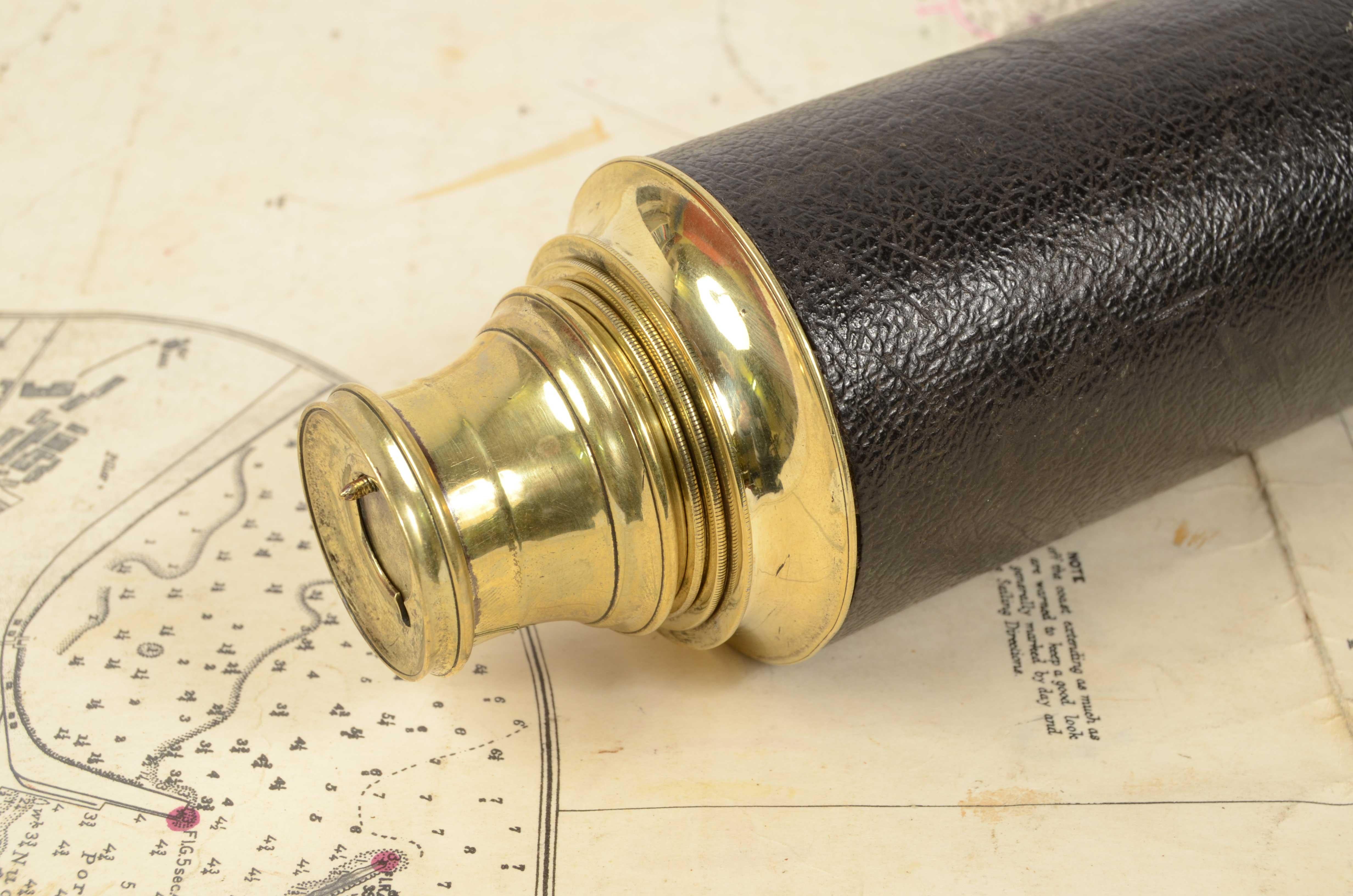 19th Century Antique Three Draw English Brass Telescope with Handle Leather 3