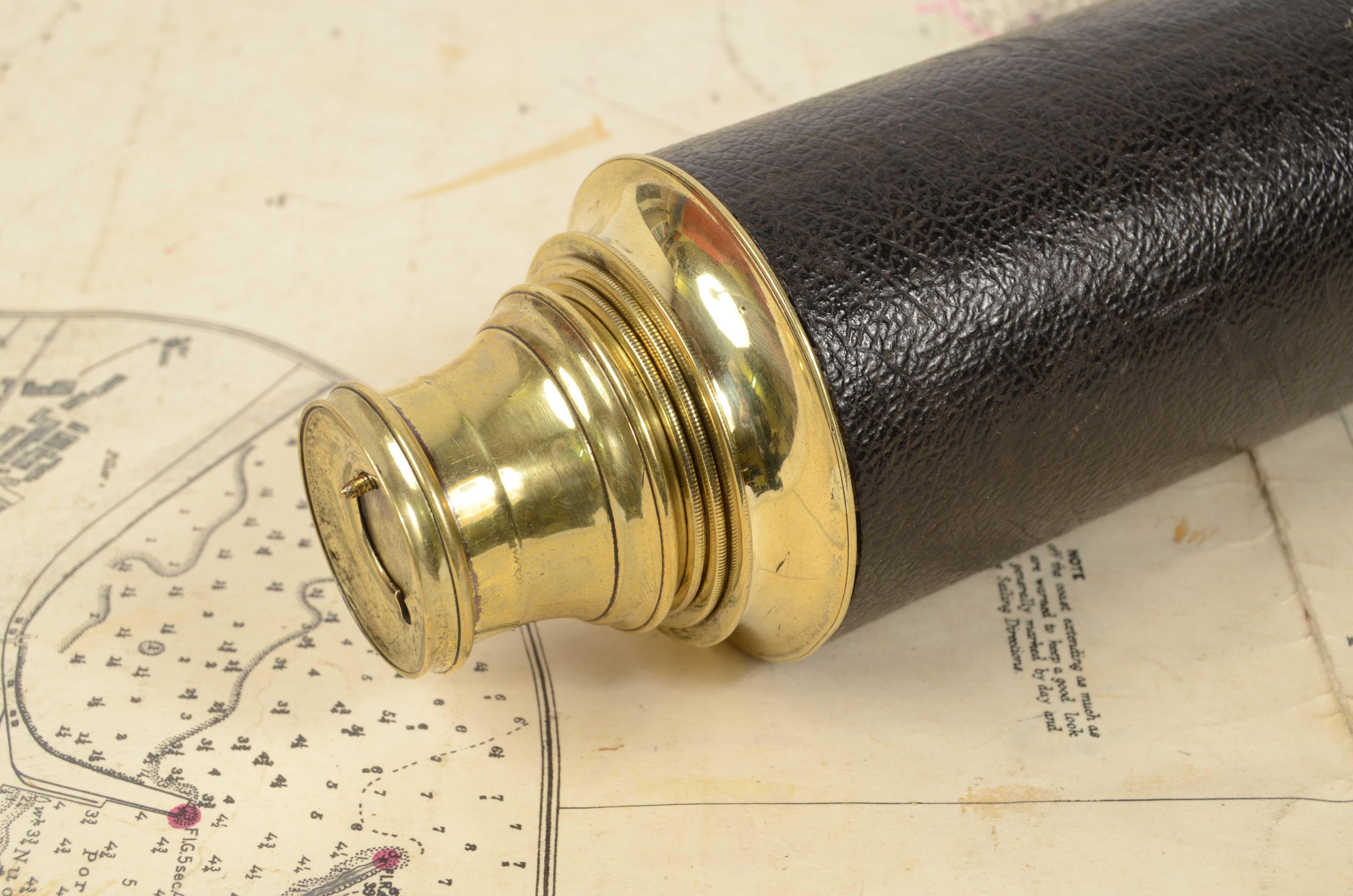 19th Century Antique Three Draw English Brass Telescope with Handle Leather 2