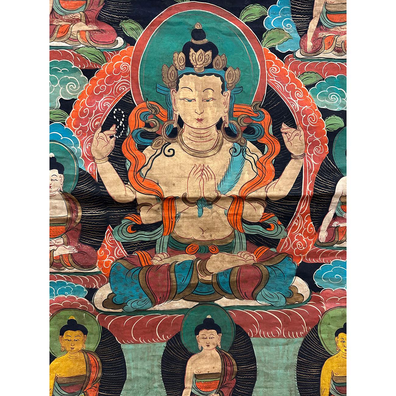 Fabric 19th Century Antique Tibetan Hand Painted Buddhist Thangka For Sale