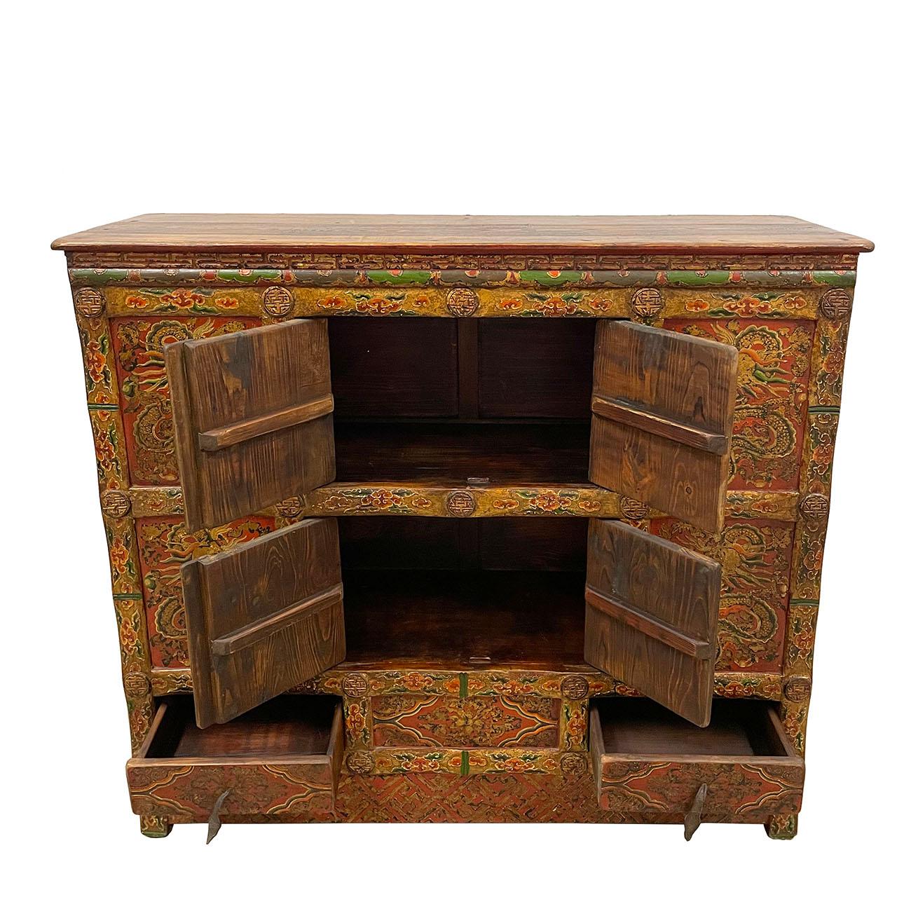 Chinese Export 19th Century Antique Tibetan Hand Painted Credenza Storage Cabinet