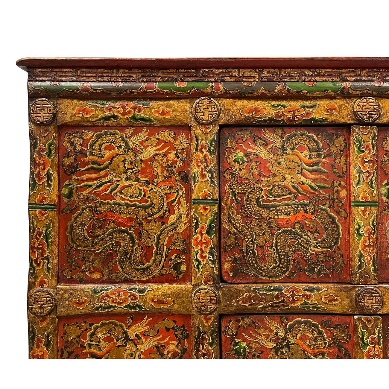 19th Century Antique Tibetan Hand Painted Credenza Storage Cabinet In Good Condition In Pomona, CA